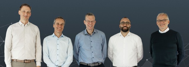 Gruppenbild mit v.l.n.r. Marcus Hänsel (Geschäftsbereichsleitung SPIE Information & Communication Services), Dr. Frank Wallner, Dr. Jochen Ruben, Simon Dillmann und Klaus Baumgärtner.